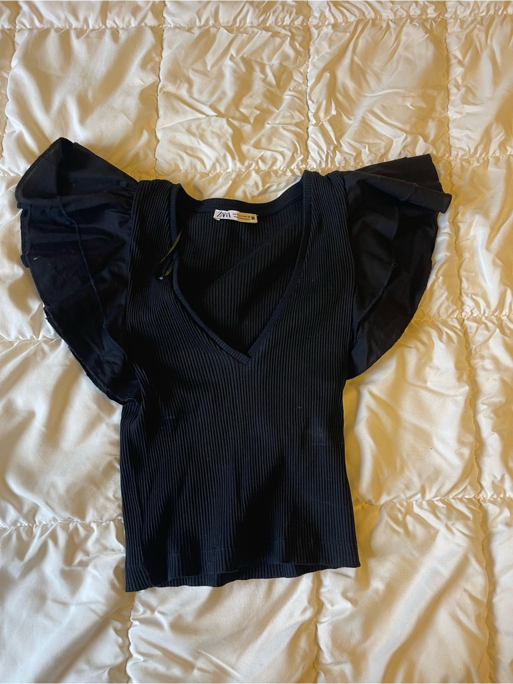 Zara Black Ribbed V-Neck Tank with Flutter Sleeves